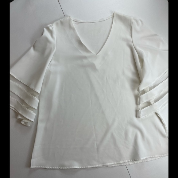 Blouse 3/4 Ruffle Sleeve V-Neck Mesh Top, sz L - Picture 4 of 7